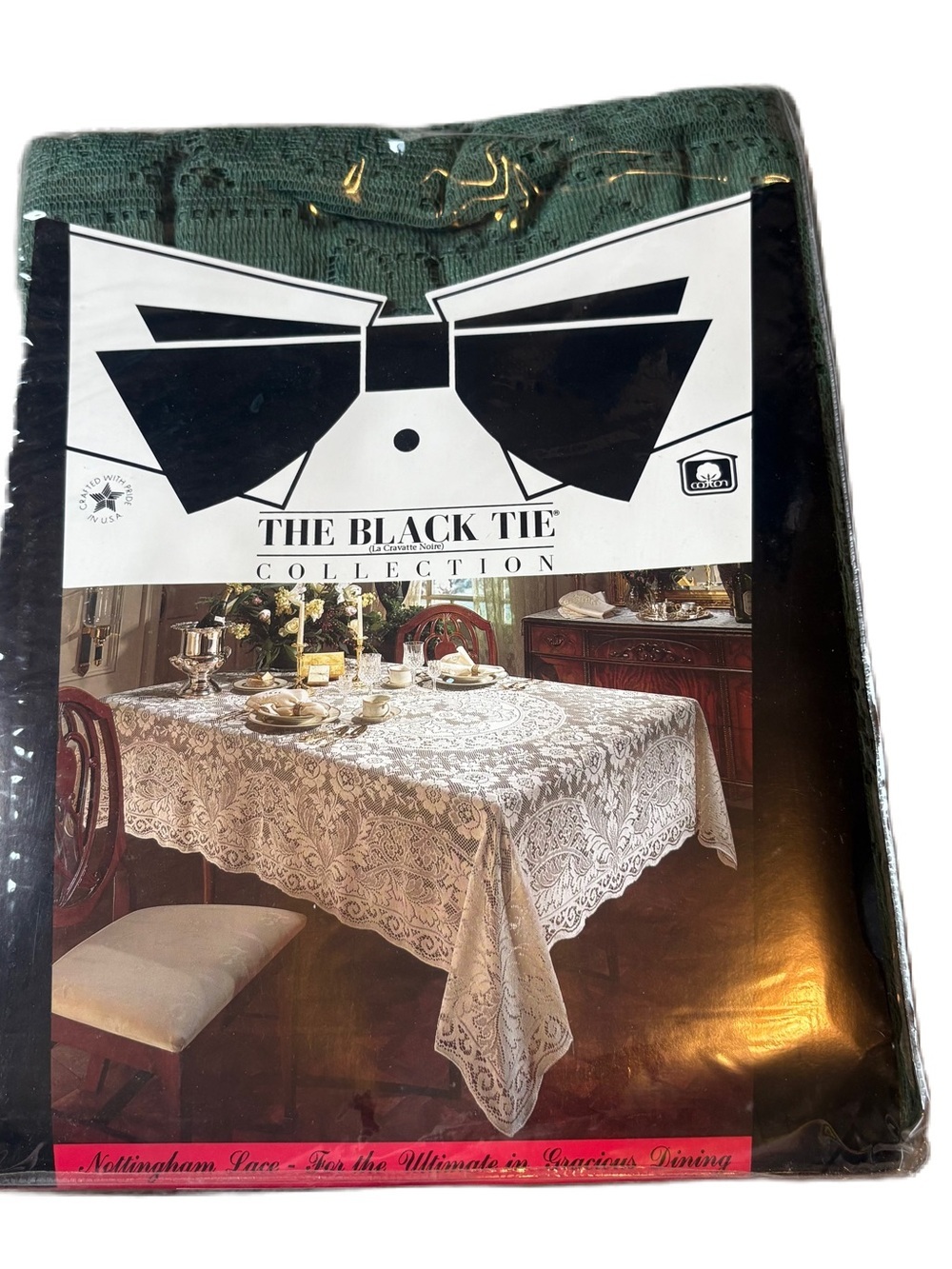 Vintage Green Lace Tablecloth Black Tie Collection New Nottingham 70x126